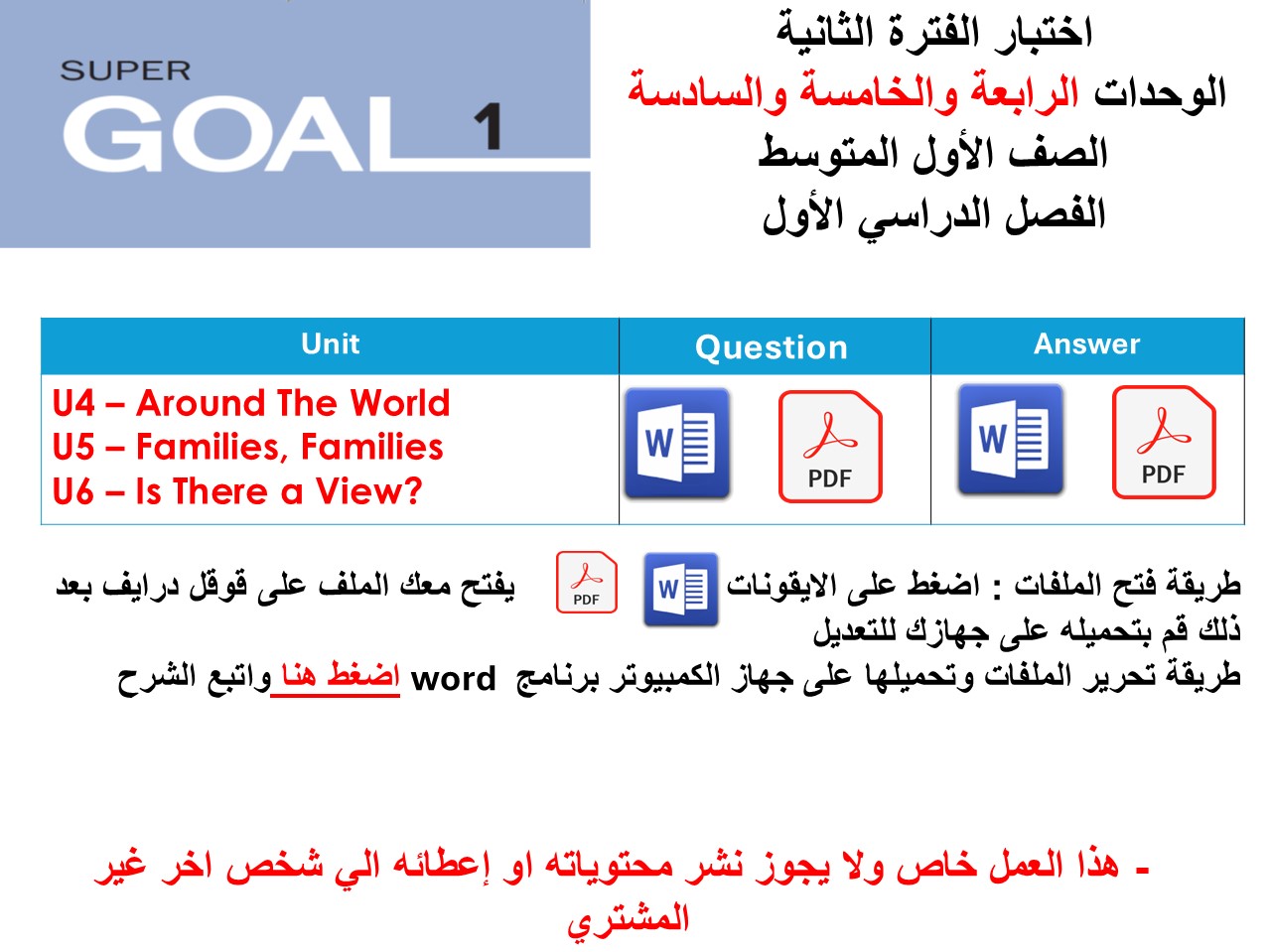 اختبار الفترة الثانية منهج Super Goal 1  ثلاث وحدات الرابعة والخامسة والسادسة  الفصل الدراسي الأول
